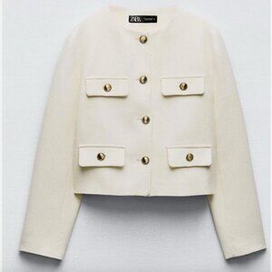ZARA Cropped Cream Blazer Jacket Gold Button Women's Small NWOT